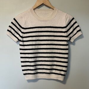100% Cashmere Short-Sleeve Crewneck Sweater in White Black Stripes